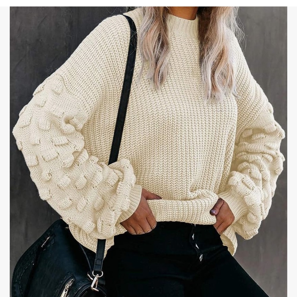 Women's Fall Oversized Crewneck Long Puff Sleeve Chunky Knit Pullover Sweater